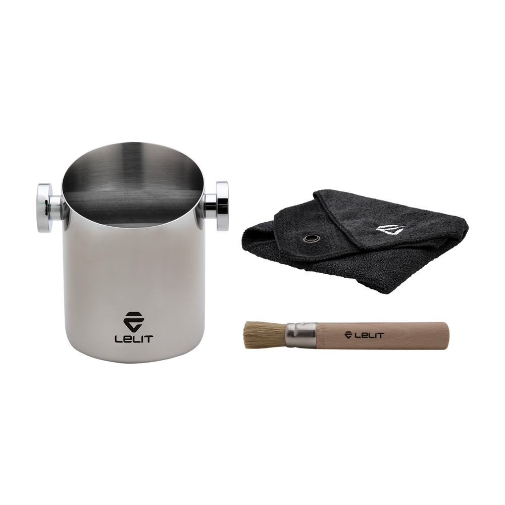 Lelit cylindrical knock box with cloth and brush