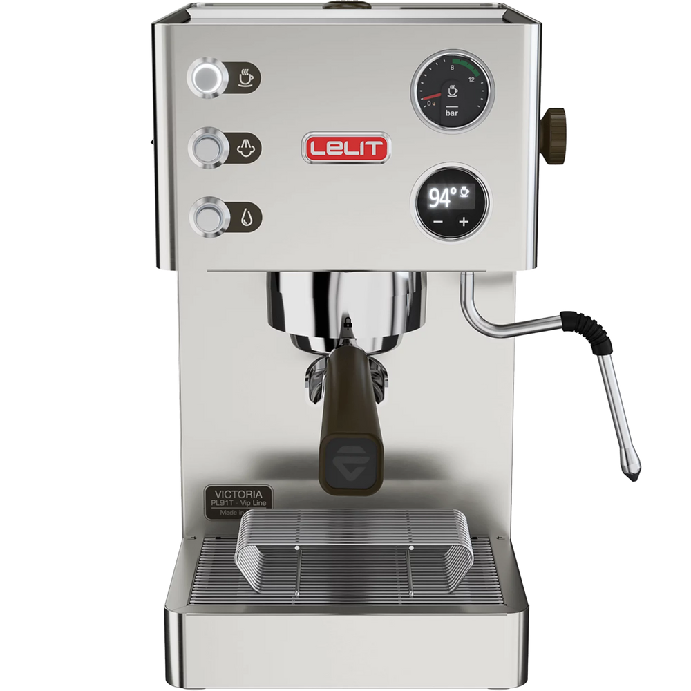 Lelit Victoria PL91T espresso machine, front view with OLED display and pressure gauge